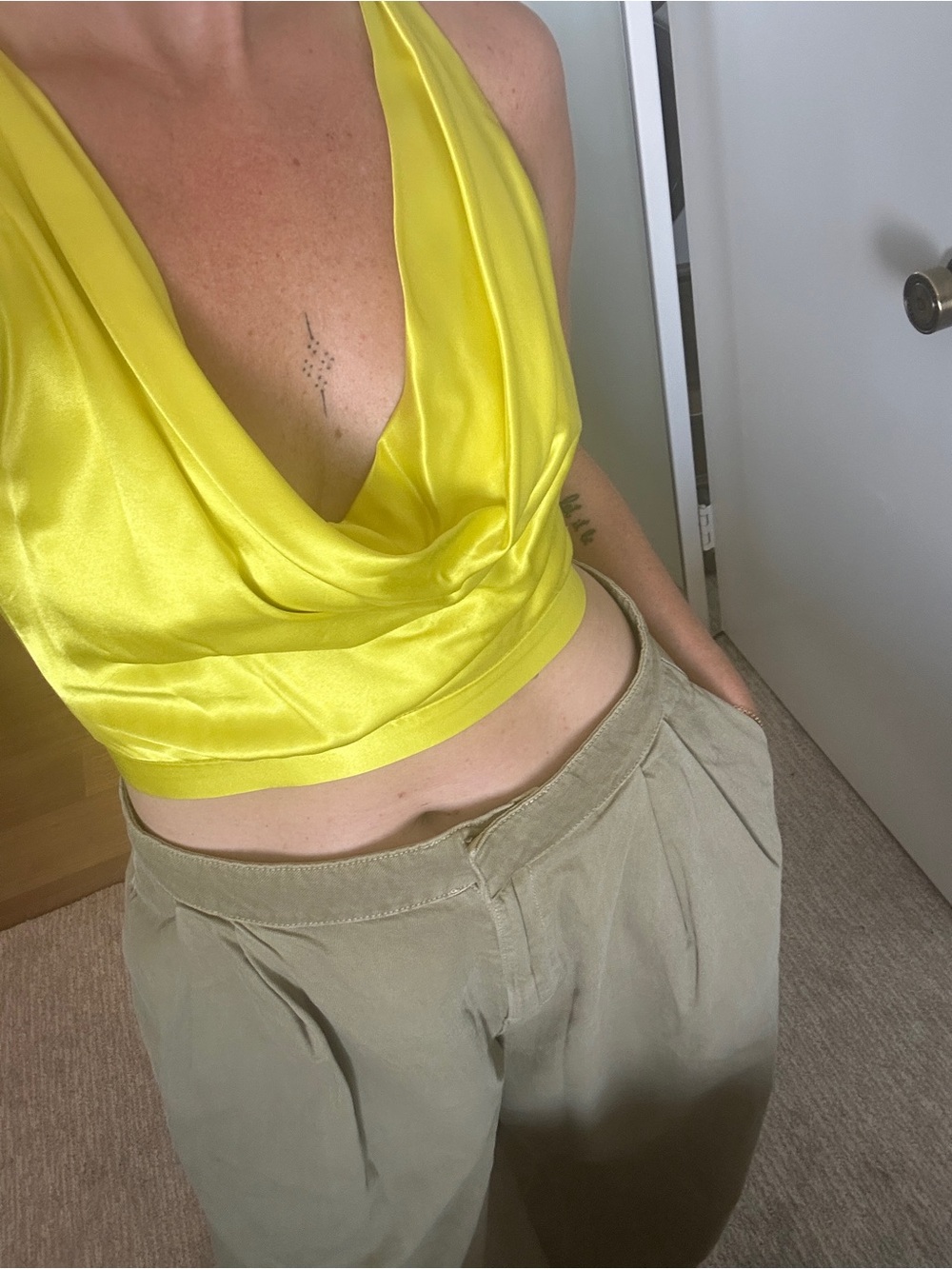 Zara Satin Cowl Crop Top in Bright Yellow